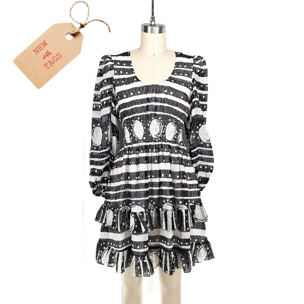 Cynthia Rowley Sicily Silk Wrap Dress Black White Smocked Waist Cap Sleeve Size